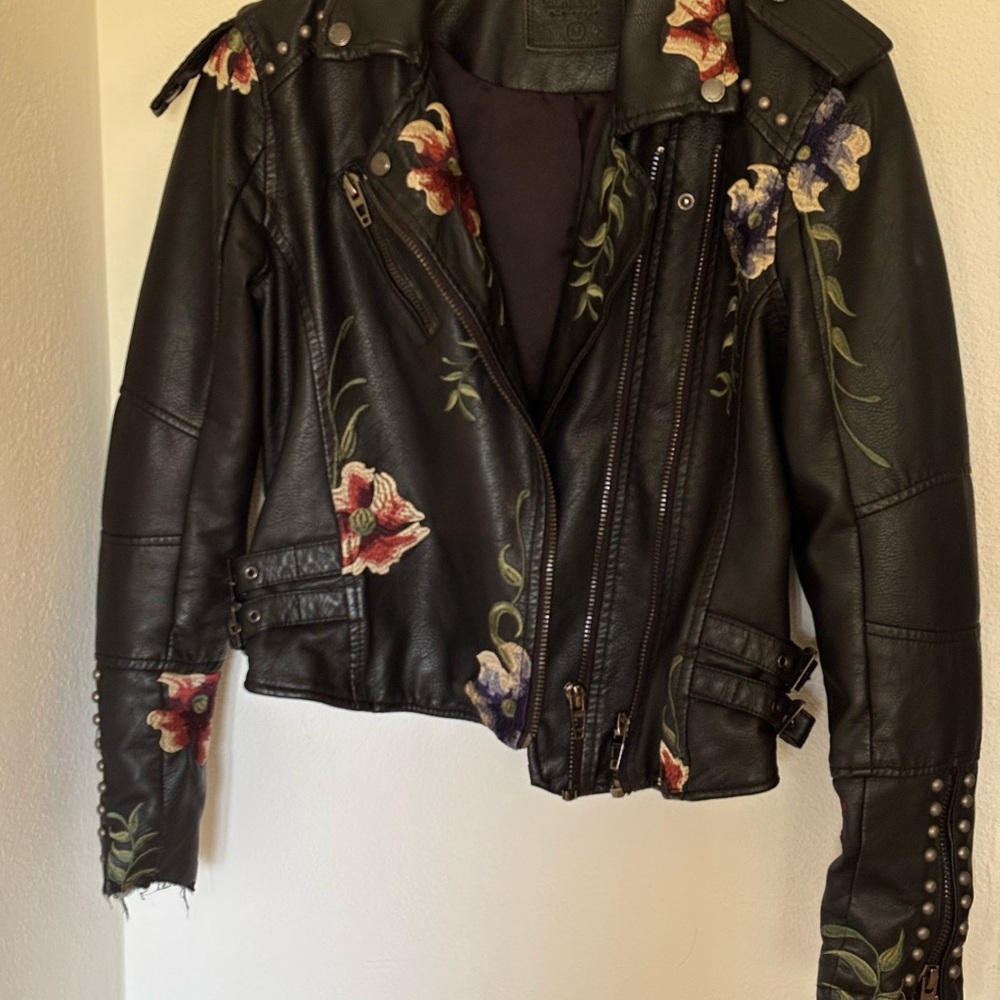 Blank NYC Black Leather Jacket with Floral Embroidery